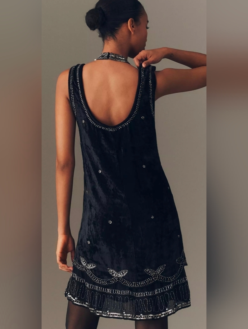 Anthropologie Black Velvet Sleeveless Beaded Mini Dress - Picture 2 of 3